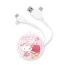 白底Hello Kitty圖案圓形收納盒，附三合一USB充電線，含Type-C、Lightning接頭.