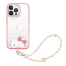 透明粉紅邊框iPhone手機殼搭配Hello Kitty圖案與珍珠防丟掛繩.
