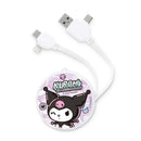 白色Kuromi酷洛米主題20th記念快充多合一伸縮充電線，附USB、Type-C及Lightning接口，配圓形角色收納盒.