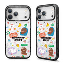 白色磁吸款iPhone保護殼，印有LINE FRIENDS卡通角色和彩色文字圖案.