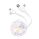 Little Twin Stars雙星仙子白色多合一伸縮充電線，配USB、Type-C、Lightning接頭，圓形收納盒印有可愛角色圖案.