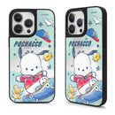 IPhone 15 Pro系列磁吸手機殼，藍綠色帕恰狗飛行主題，帶紅色圍巾和黃色小鳥插畫.