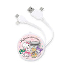 三麗鷗聯名多合一伸縮充電線，圓形收納盒印有Hello Kitty等角色圖案，白色線身，USB-A、Type-C及Lightning接頭.