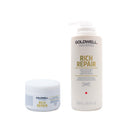 GOLDWELL歌薇金色修護髮膜200ml及500ml，白色瓶身金色字樣泵頭設計.