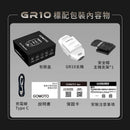 GOMOTO GR10雙鏡頭行車記錄器主機與黑色包裝盒、Type C充電線、安全帽固定座及說明書保固卡組合.