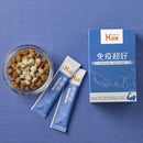 藍白色包裝狗貓免疫益生菌粉劑，旁邊有碗裝犬貓飼料粒.
