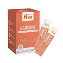 Hyperr超躍狗貓皮膚益生菌30包包裝與兩支單包裝條，橘白色設計，標示皮膚超好字樣.