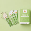 綠色包裝狗貓口腔益生菌粉劑，附透明量匙，紙盒印有寵物口腔圖案.