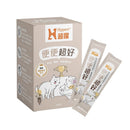 超躍狗貓便便益生菌包裝盒及兩包單支粉劑，卡其色調，卡通狗狗貓咪插畫.