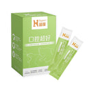 綠色包裝狗貓口腔益生菌盒裝與兩條條狀包裝，標示超躍品牌與產品名稱.