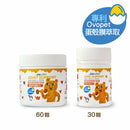 白色塑膠瓶裝犬用蛋殼膜軟錠關節保健補充品，標示30顆與60顆容量，瓶身繪有可愛卡通狗狗和關節支撐圖案.