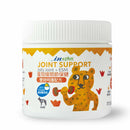 白色塑膠罐裝犬用蛋殼膜關節保健軟錠，標籤有黃色斑點與卡通花豹圖案.