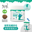 白色塑膠罐裝貓草高纖排毛軟錠，標有綠色植萃舒壓配方字樣，旁有90顆標示及貓咪圖案包裝盒.