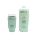 KERASTASE卡詩淺綠色控油頭皮浴髮乳250ml與1000ml瓶身排列.