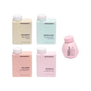 KEVIN MURPHY五款彩色造型產品瓶身，含方形和圓形瓶，柔和粉藍粉紅色調.