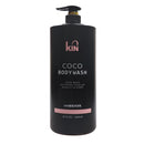 黑色圓柱形2000ml持香沐浴乳瓶，粉色KIN品牌標誌和COCO字樣.