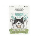 KiWiPet綠唇貝凍乾犬貓零食包裝，卡通黑白貓圖案，綠白色調.