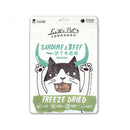 KiWiPet沙丁牛肉球犬貓凍乾零食白色包裝，卡通貓咪圖案，綠色標籤.