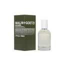 MALIN+GOETZ 皮革香調淡香精50ml，透明玻璃瓶搭配白色瓶蓋，深綠色外盒印白字.
