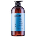 Masdo瑪斯朵控油頭皮髮浴2號 300ml 琥珀色瓶身配淺藍色標籤，黑色壓頭設計.