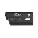 黑色MUFU V20S雙鏡頭機車行車記錄器，側面USB接口與安全認證標誌.