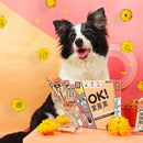 黑白邊境牧羊犬坐在粉橘色背景前，展示怪獸部落OK！葉黃素包裝盒和散裝包數據.