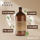 棕色玻璃瓶裝柔順護髮素，天然植物葉片圍繞，簡約標籤設計.