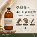 Oway 強韌修護浴髮乳，說明粗糙、多孔性及脆弱髮質，多與髮絲結構受損、燙染後受壓及髮芯弱化有關。