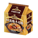 TTL台酒紅酒燉牛肉麵三入包裝，金棕色調搭配牛肉麵湯碗圖案.