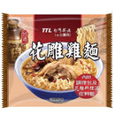 TTL台酒花雕雞麵包裝，展示紅色與米色設計及一碗花雕雞湯麵圖片.