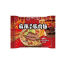 紅色包裝麻辣酒香豚肉麵，火焰圖案，呈現香辣豚肉拉麵碗圖示.