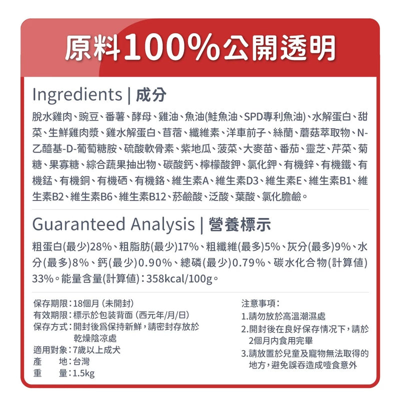 【毛孩時代】7+熟齡犬鮮雞肉低磷關節犬糧 1.5kg (關節保健) (下單後3-5個工作天出貨)