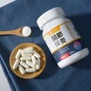 白色膠囊裝於木製小碗中，旁邊放有汪喵星球UCII關節保養粉瓶身，標示MSM強效版120顆裝.