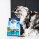 ZIWI巔峰經典系列96%鮮肉鯖魚羊肉貓糧1公斤包裝，旁有黑白長毛貓坐姿舔爪.